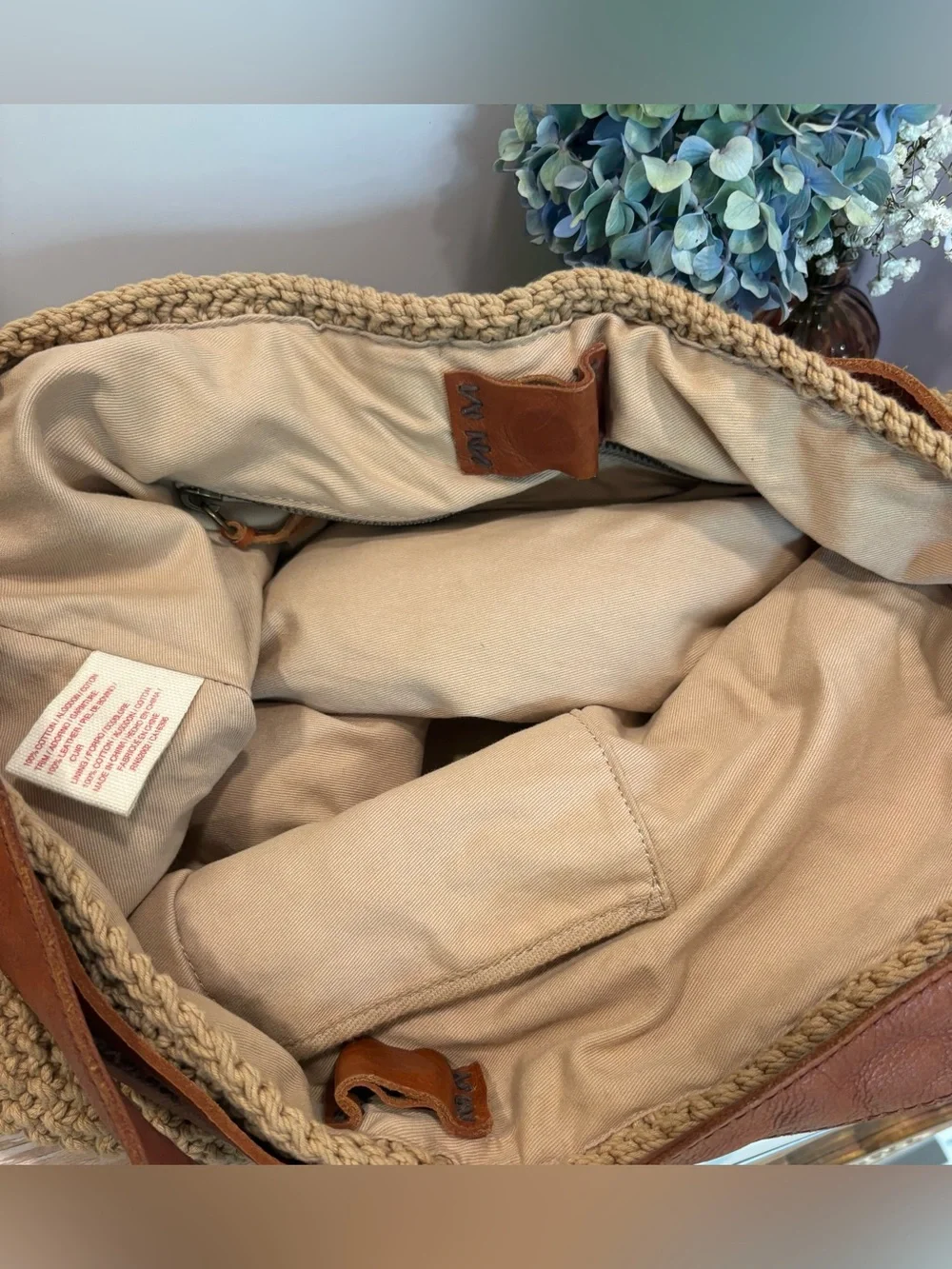 Lucky Brand Vintage Boho Crochet & Leather Shoulder Bag Tote